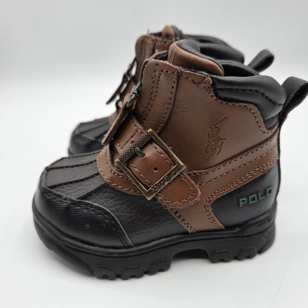 Polo Ralph Lauren Boys Country Mid Zip Duck Boots Brown Black Size 4 Toddler - Picture 2 of 11